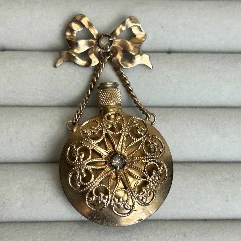 Gold Tone Filigree Perfume Bottle Brooch Bow Pin Vintage Scent Flask Dauber